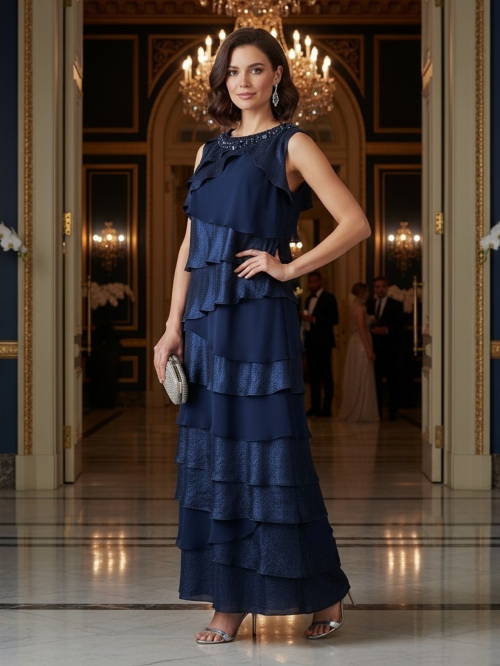 NWT S.L. Fashions Navy Tiered Ruffle Beaded Neckline Dress Size 24W